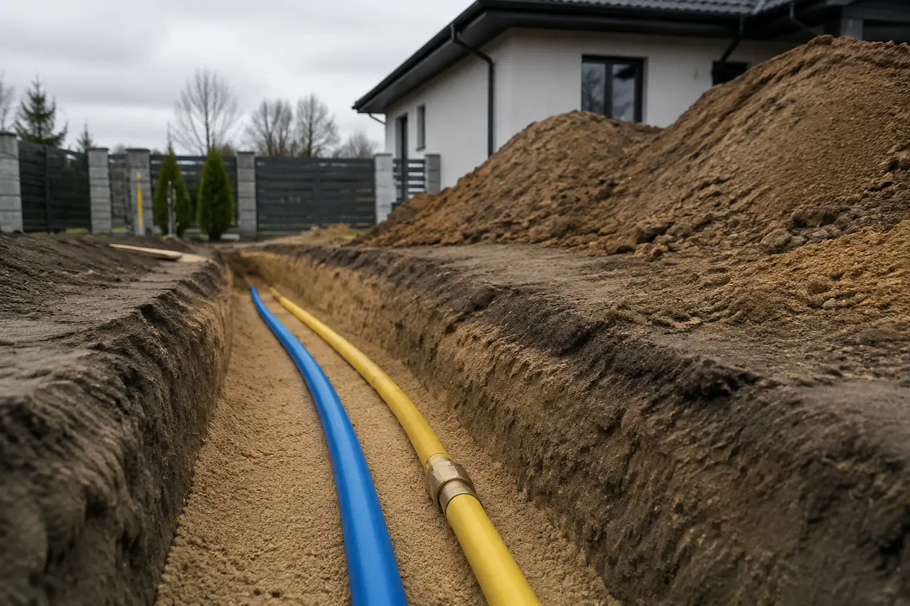 Przyłącze wodne i gazowe w wykopie przy domu